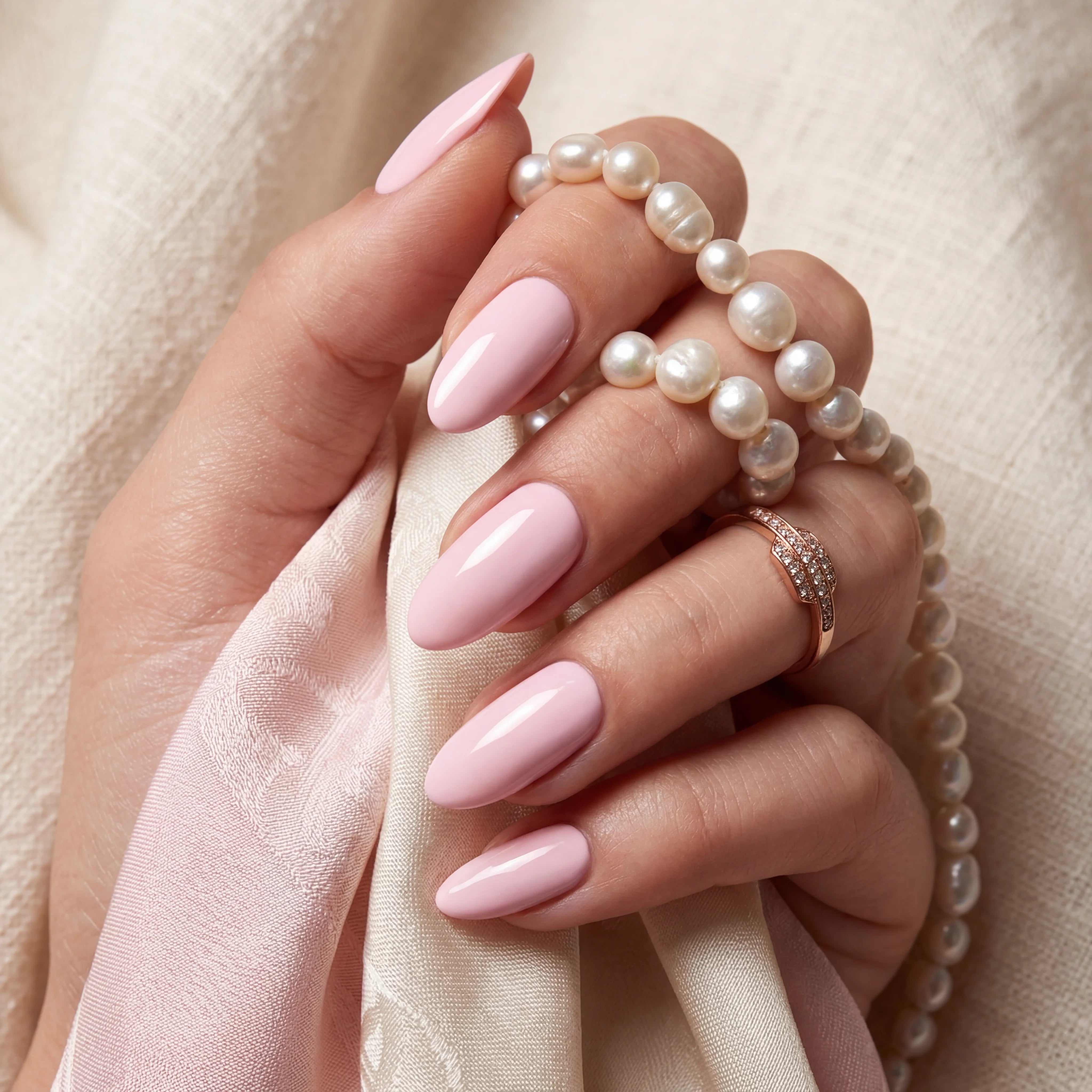 Hand with pink nail polish holding a pearl bracelet on a light background