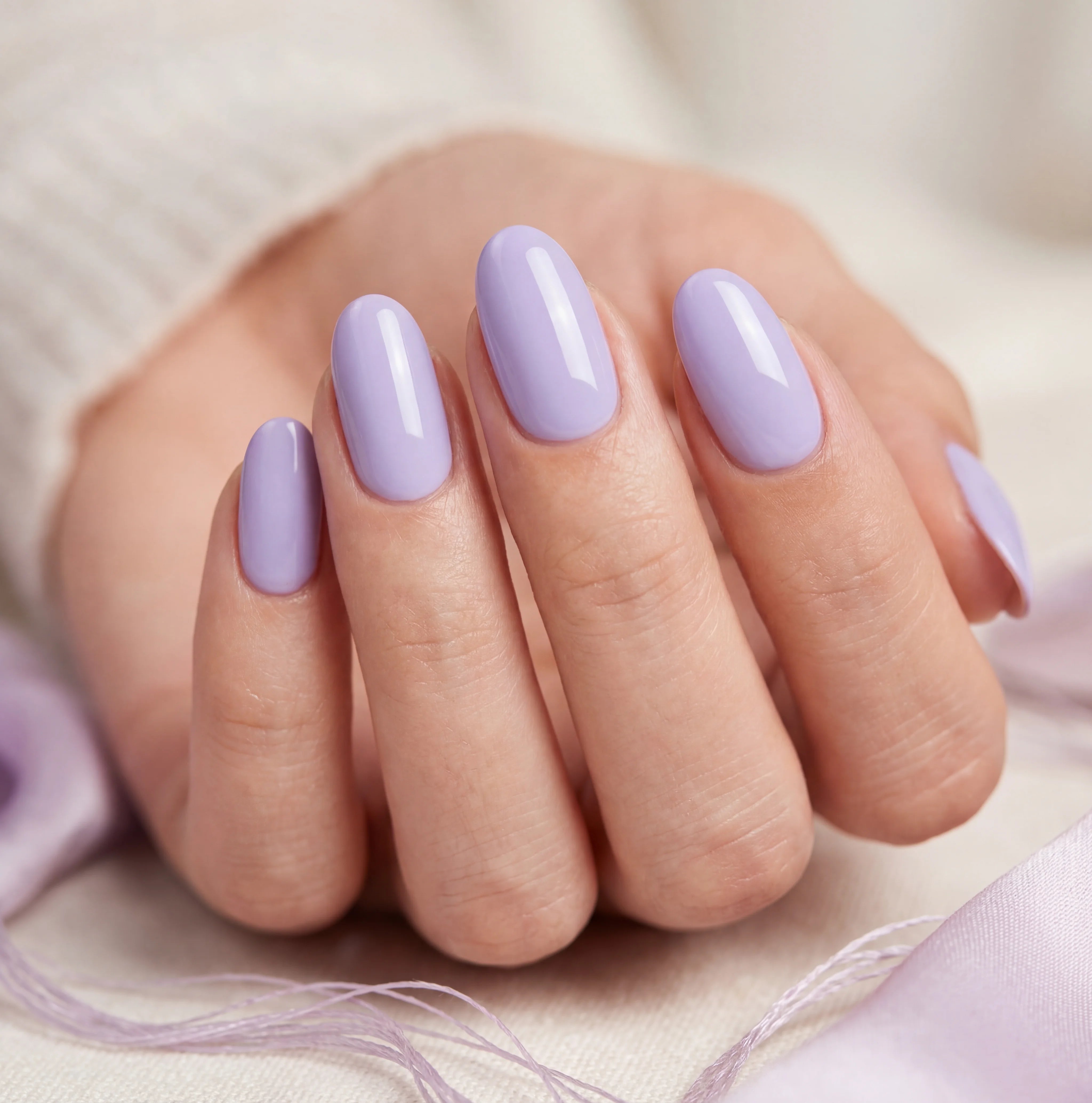 Hand with lavender nail polish on a neutral background
